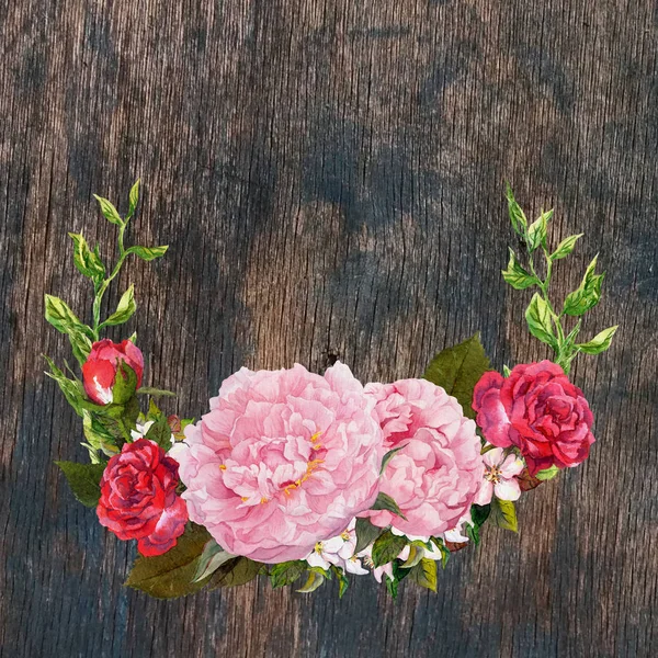 Ghirlanda floreale con peonia rosa, fiori di rose rosse a struttura di legno. Acquerello — Foto Stock