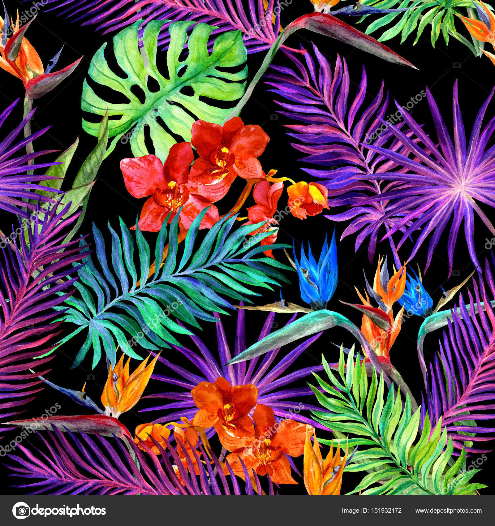 Desenho tropical de moda: folhas exóticas, flores de ...