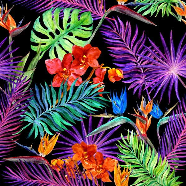 Tropikal tasarım moda için: egzotik bırakır, neon ışık orkide çiçekleri. Seamless modeli. Suluboya — Stok fotoğraf