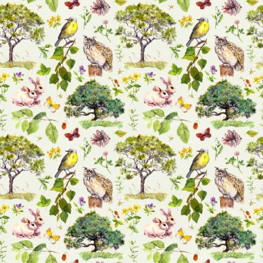 Orman: kuş, tavşan, ağaç, yaprak, çiçek ve çim. Seamless modeli. Suluboya