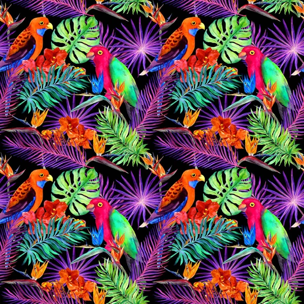 Tropische Blätter und exotische Blumen im Neonlicht. nahtlose einzigartige Muster. Aquarell — Stockfoto