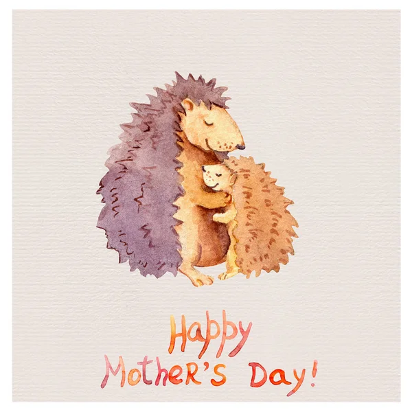 Μαμά σκαντζόχοιρος αγκαλιάζουν το μικρό παιδί. Κάρτα για την ημέρα της μητέρας, με την οικογένεια των ζώων. Ακουαρέλα — Φωτογραφία Αρχείου
