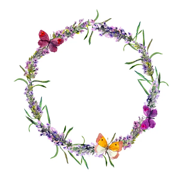 Corona de flores de lavanda, mariposas. Acuarela — Foto de Stock