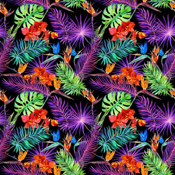 Tropical leaves, exotic flowers in neon glow. Repeating hawaiian pattern. Watercolor — Stock Photo, Image