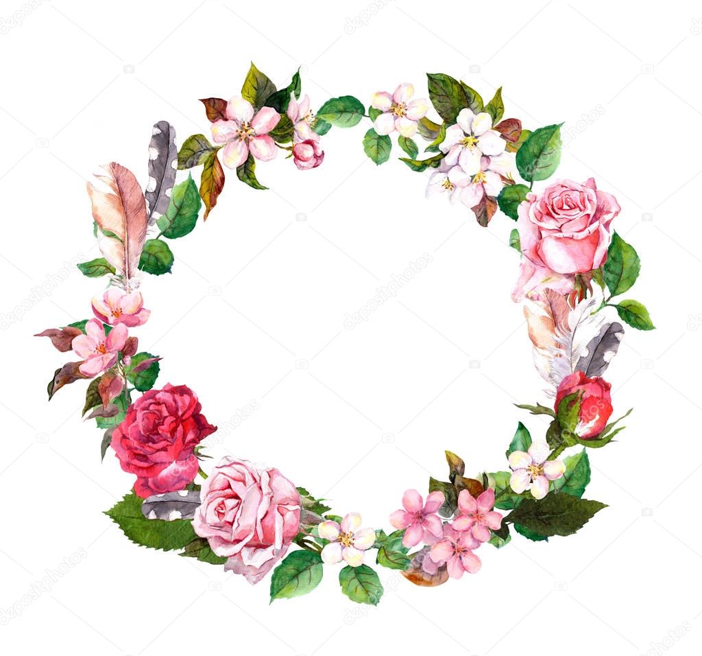 Floral wreath with apple, cherry flowers, sakura blossom, roses flowers and feathers. Watercolor round border