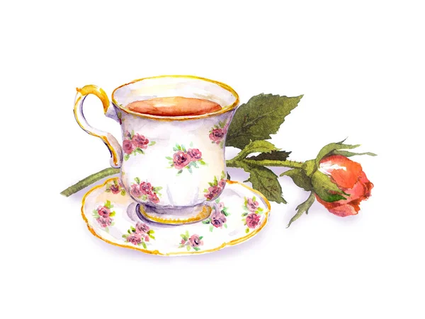 Tea cup with tea, rose flower. Watercolor — Stock Photo, Image