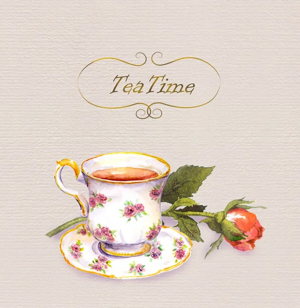 Tasse au thé, fleur de rose. Carte postale aquarelle — Photo