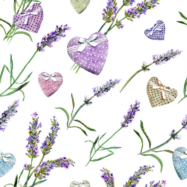 Lavender flowers, hearts. Seamless pattern for Valentine day. Watercolor — Stock Photo, Image
