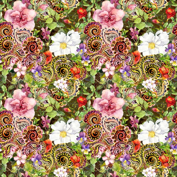 Nahtloser Vintage-floraler Hintergrund mit östlichen Ornamenten. Aquarell — Stockfoto