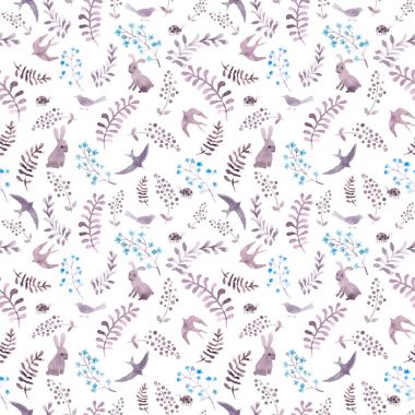 Tavşan, kuş, çiçek, çimen ladybugs. Çocukça iç tasarım için sorunsuz sevimli duvar kağıdı. Suluboya