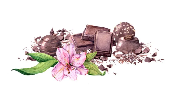 Chocolade blok, chocoladesuikergoed en bloem. Vintage aquarel — Stockfoto