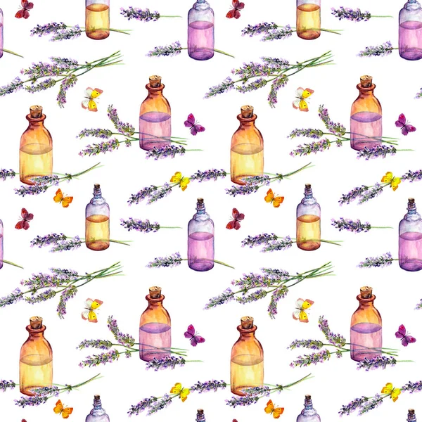 Lavender flowers, oil perfume bottles, butterflies. Repeating pattern for cosmetic, perfume, beauty design. Vintage watercolor — Stock Photo, Image