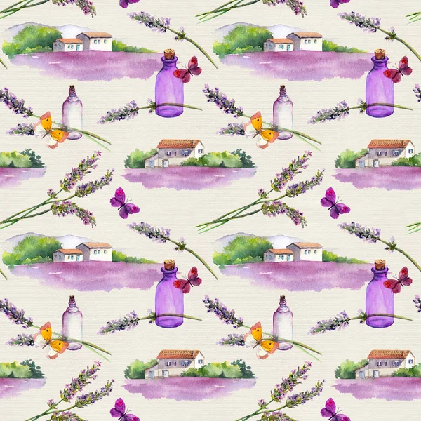 라벤더 꽃, 오일 향수 병, 농촌 주택 및 라벤더 필드와 나비. 화장품, 향수, 뷰티 디자인에 대 한 패턴을 반복. 빈티지 수채화 — 스톡 사진