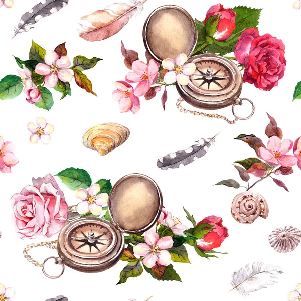 Vintage kompass, blommor, snäckskal, fjädrar. Seamless mönster. Resor-konceptet. Akvarell — Stockfoto