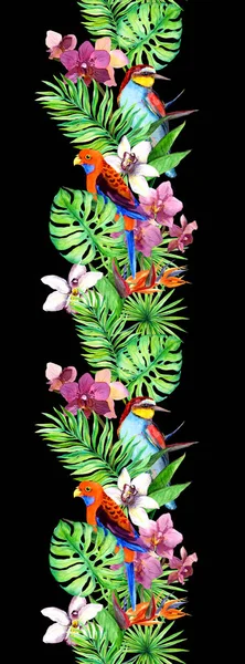 Tropische Blätter, exotischer Papageienvogel, Orchideenblüten. nahtlose Grenze. Aquarellstreifen — Stockfoto