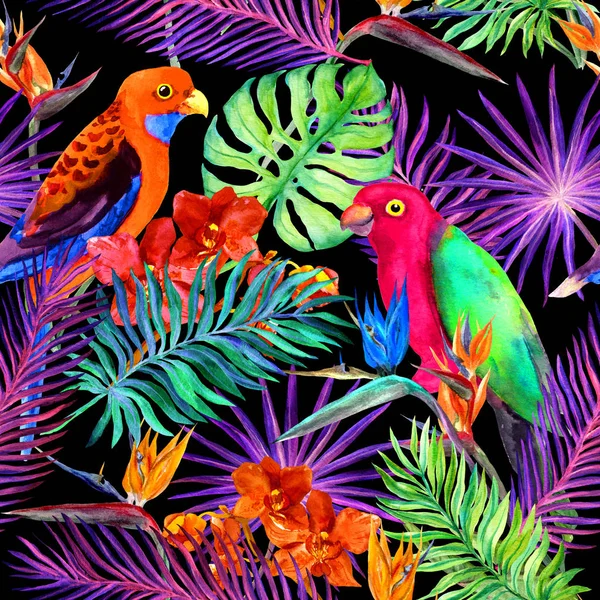 Foglie tropicali, fiori esotici, uccelli pappagallo al neon. Ripetere lo schema della giungla. Acquerello — Foto Stock