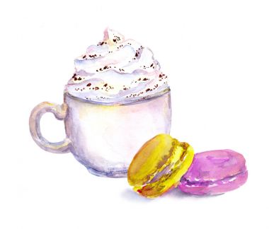 Bir fincan kahve, kurabiye pasta ile. Suluboya