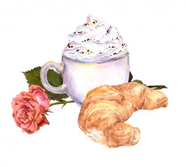 Bir fincan kahve krem, kruvasan, gül çiçek ile. Suluboya