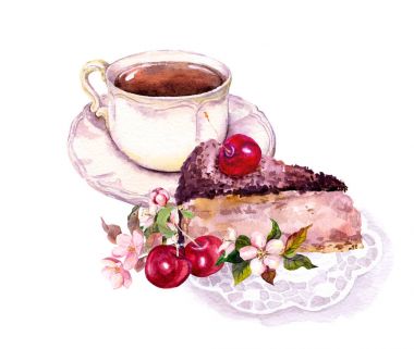 Bir fincan kahve ya da çay, çikolata kek kiraz meyve ve çiçekler. Suluboya