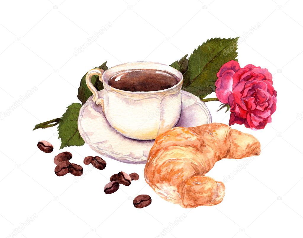 Cup of coffee, rose flower and croissant. Watercolor