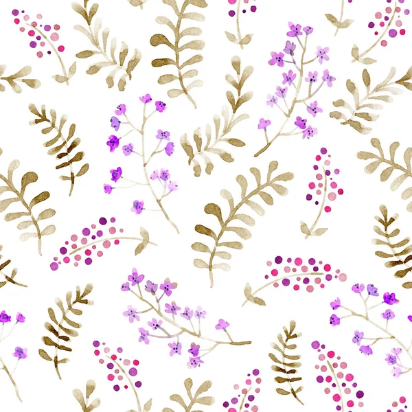 Ładny Las powtarzalny wzór: ditsy kwiatów, liści, trawy. Bezszwowe tło kwiatowy dla projektowania mody. Akwarela — Zdjęcie stockowe