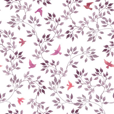 Dikişsiz davranışıydı desen - şirin suluboya mor yaprakları, kırmızı ve pembe retro uçan kuşlar
