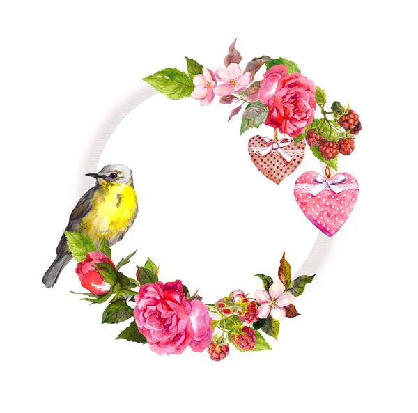Vintage květinový věnec pro svatební přání, Valentine designu. Květiny, růže, jahody, vintage srdce, pták. Akvarelu Kulatý rám pro uložit text data — Stock fotografie