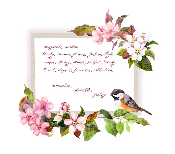 卡与盛开的花，可爱的鸟，亲手写的文本。时尚设计水彩框架 — 图库照片