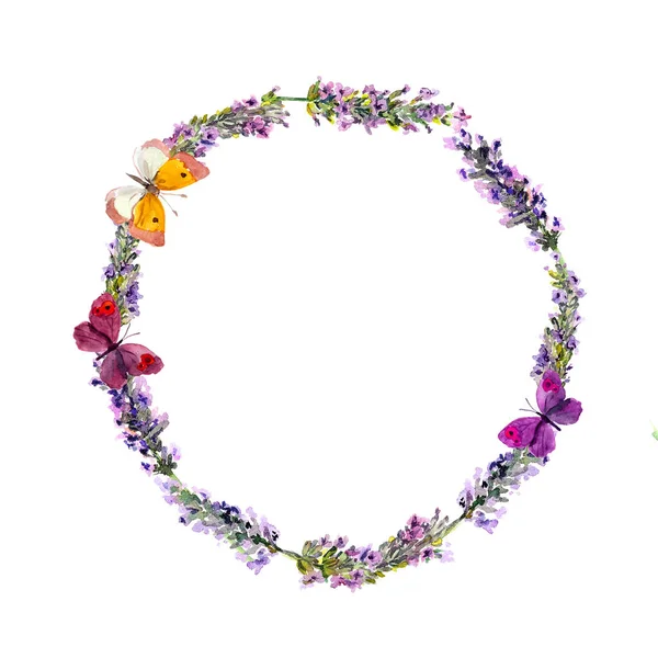 Corona de flores de lavanda y mariposas. Acuarela — Foto de Stock