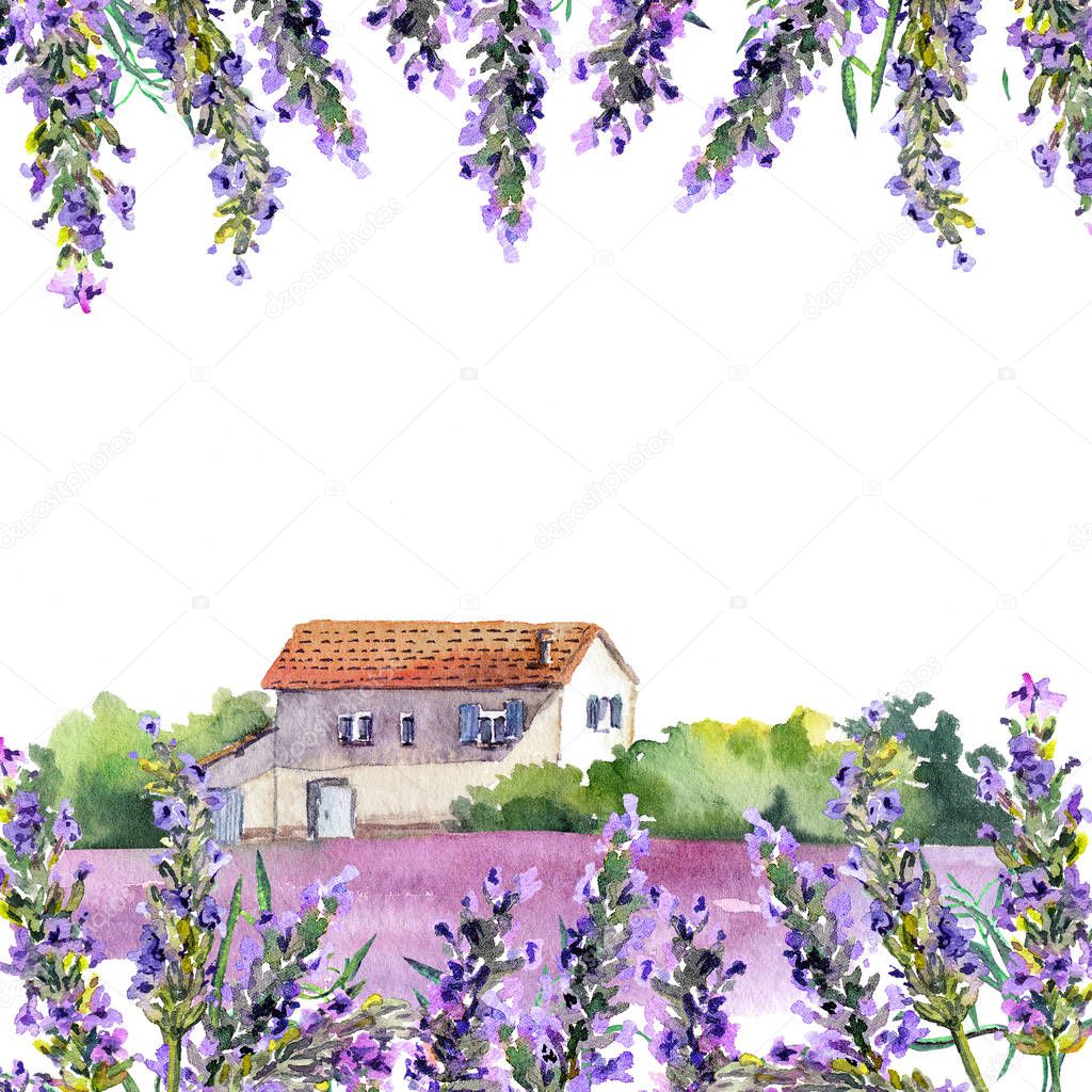 Lavender flowers and rural farmhouse. Watercolor card