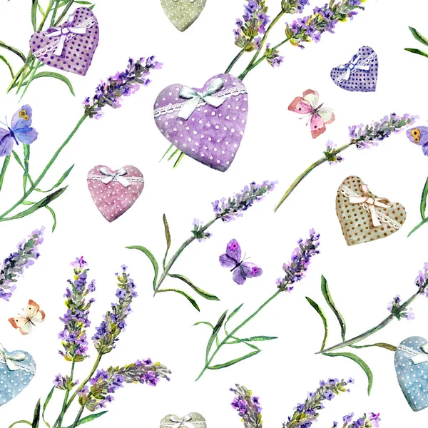 Flores de lavanda, corazones, mariposas. Patrón sin costuras. Acuarela —  Fotos de Stock