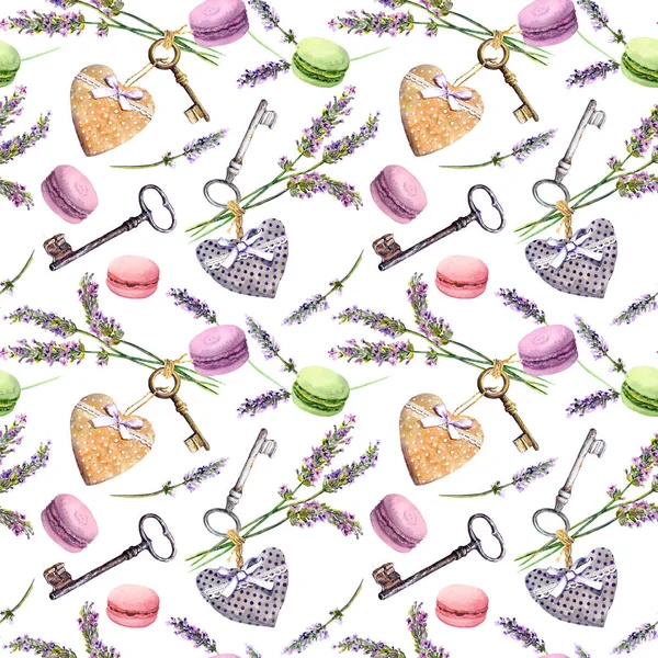 Franse plattelandsachtergrond - lavendel bloemen macaroon taarten, vintage sleutels, textiel harten. Naadloze patroon. Aquarel — Stockfoto