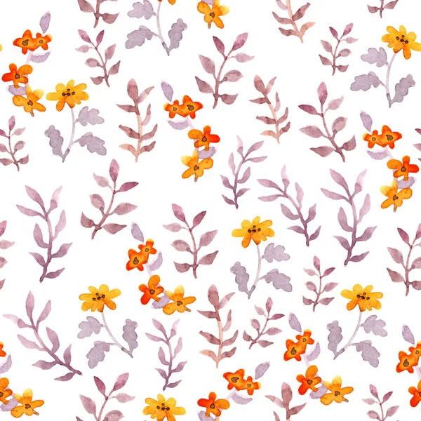 Seamless simple floral pattern. Vintage cute flowers and leaves on white background. Watercolor — Stock Photo, Image