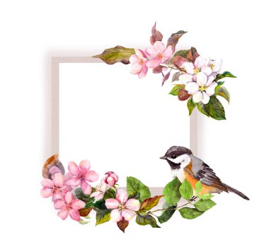 Çerçeve çiçek - çiçek ve iç tasarımı için güzel bir kuş. Sulu Boya kenarlık metin için