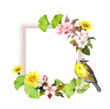 Düğün kartı - çiçek ve şirin kuş. Tarih metnini kaydetmek için suluboya çerçeve