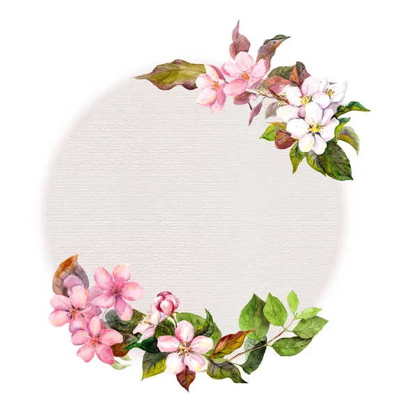 Floral pattern - blossom pink flowers and cute bird. Watercolor circle background — Stock Photo, Image