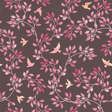 Retro boyalı el ile Dikişsiz vintage romantik desen bırakır, pembe kuşlar. Koyu arka plan üzerine suluboya resim