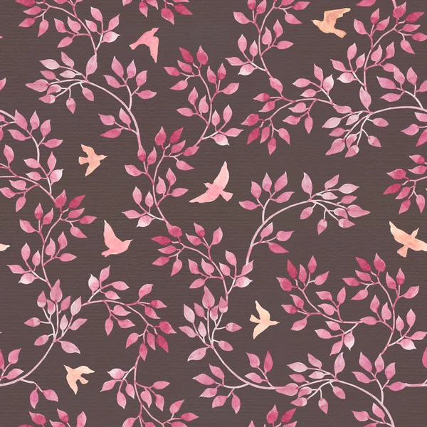 Modello romantico vintage senza cuciture con foglie retrò dipinte a mano, uccelli rosa. Arte acquerello su sfondo scuro — Foto Stock