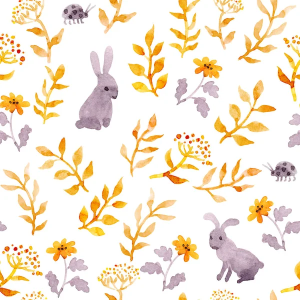 Rabbits, ladybugs, autumn forest. Seamless cute ditsy pattern. Watercolor — Stock Photo, Image