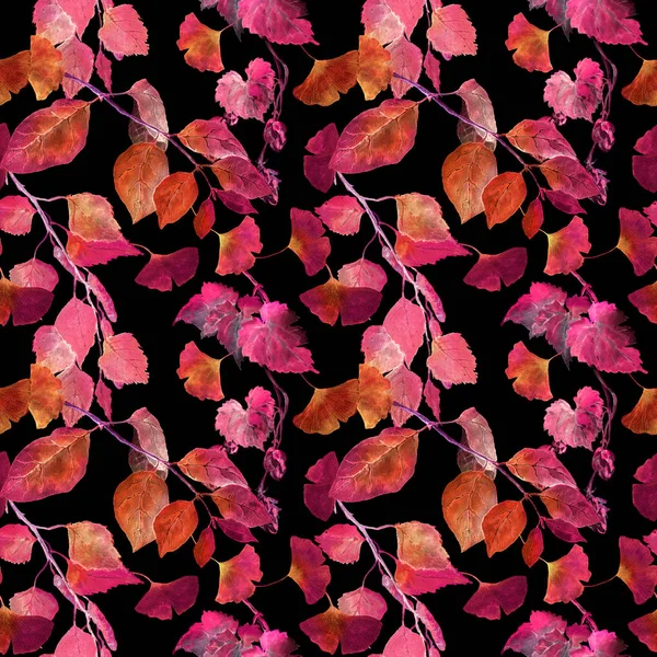 Red autumn leaves, black background. Seamless contrast autumn pattern. Watercolor — Stock Photo, Image