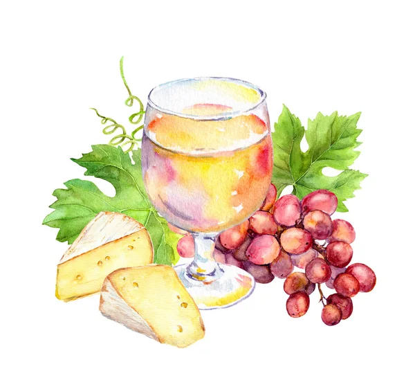 핑크 와인 글라스, 포도 나무 잎, 치즈와 포도 열매. 수채화 — 스톡 사진