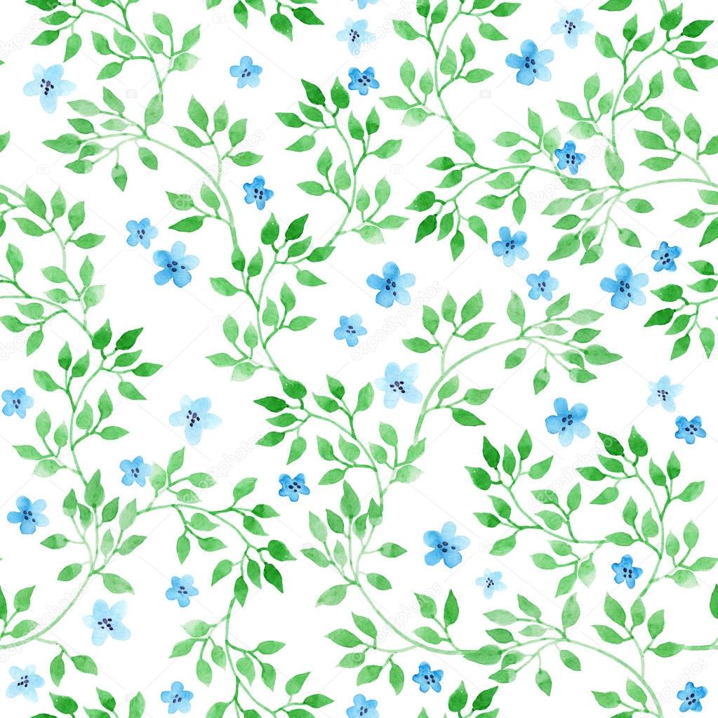 Cute ditsy flowers, herbs and grasses. Seamless pattern. Watercolor