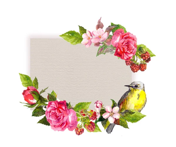 Vintage γάμος κάρτα - λουλούδια και χαριτωμένο πουλί στο χαρτί υφή. Ακουαρέλα πλαίσιο για την αποθήκευση κειμένου ημερομηνίας — Φωτογραφία Αρχείου
