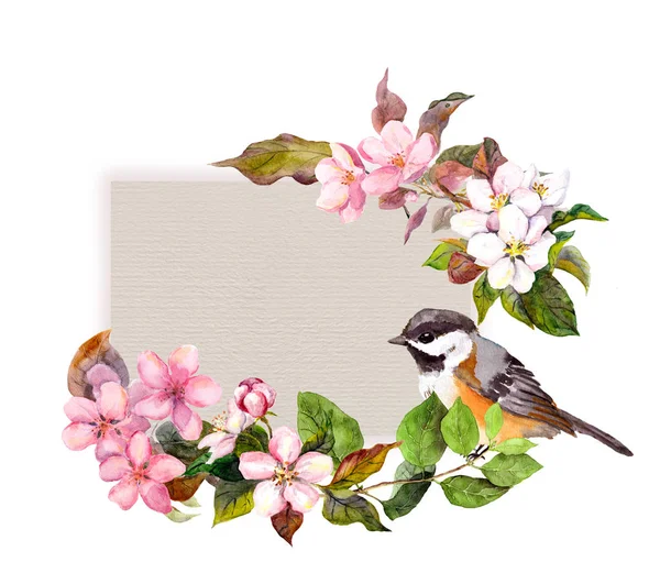 Λουλουδάτο μοτίβο με λουλούδια και όμορφο πουλί για vintage σχεδίασης. Νερομπογιά για ρετρό κάρτα — Φωτογραφία Αρχείου