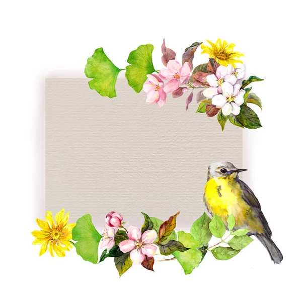 Çiçek kartı - çiçek ve güzel kuşa kağıt dokusu. Sulu Boya desen — Stok fotoğraf