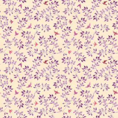 El ile Seamless Modeli boyalı şirin yaprakları ve kafe kuşlar. Suluboya romantik tasarım