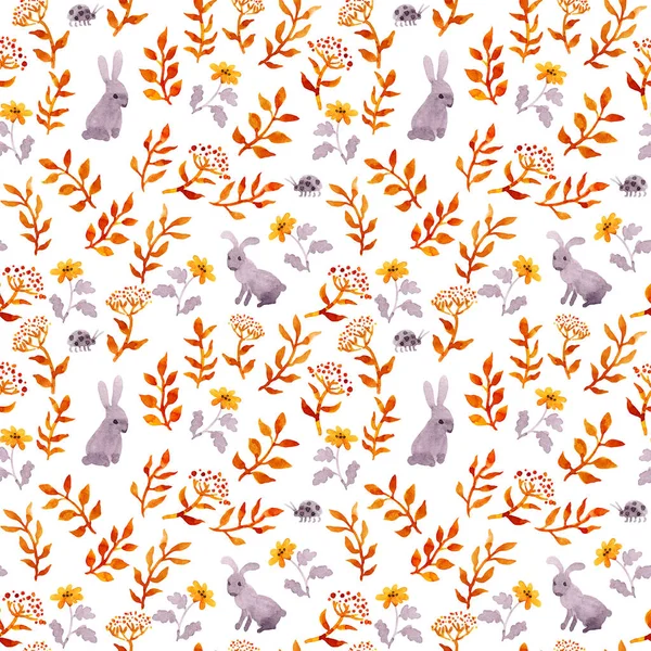 Кролики, птахи, сонечка, осіннє листя. Повторюючи милий візерунок дици. Акварель — стокове фото