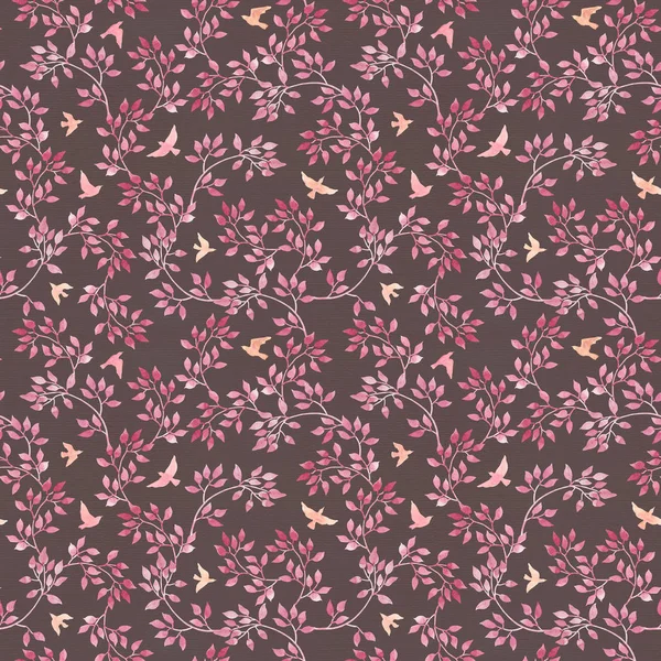 Bezszwowe ciemny streszczenie tło - ręcznie malowane różowy liści i ptaków. Akwarela design — Zdjęcie stockowe