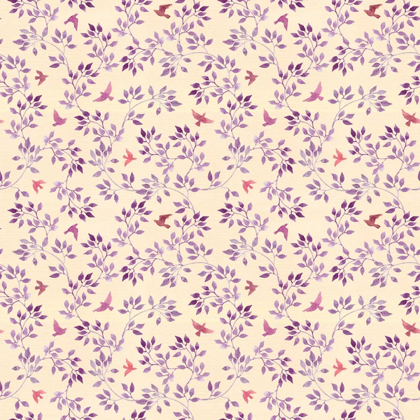 Seamless pattern with hand painted cute leaves and ditsy birds. Watercolour romantic design — Stock Photo, Image