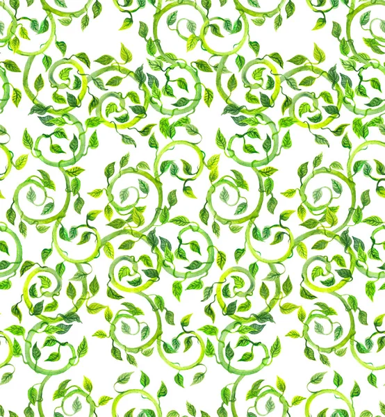 Seamless textile pattern with green leaves, scrolls. Watercolor — Stock Photo, Image